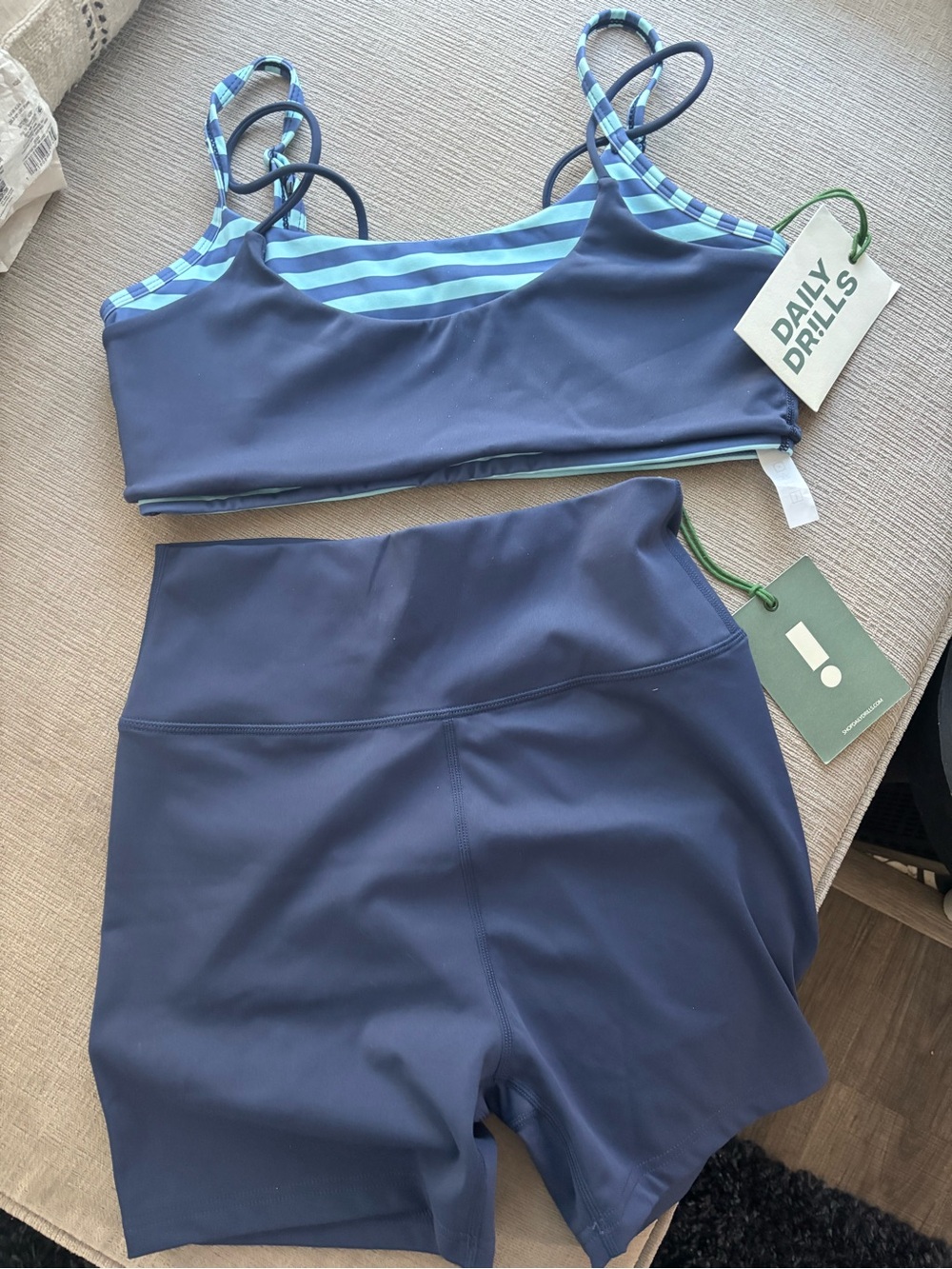 NWT Daily Drills Navy Strappy Sports Bra & High-Waist Bike Shorts Set. Size M